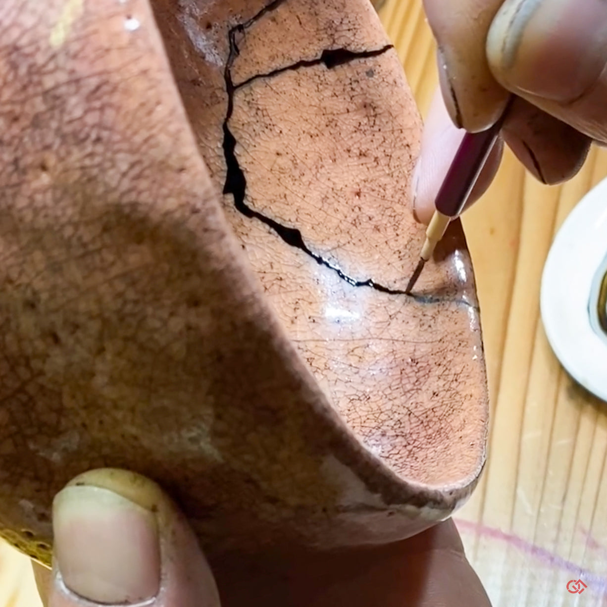 Authentic Kintsugi Matcha bowl, Red Raku type, Maya