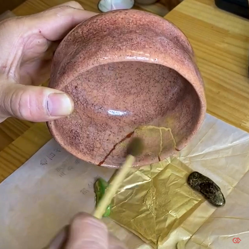 Authentic Kintsugi Matcha bowl, Red Raku type, Maya