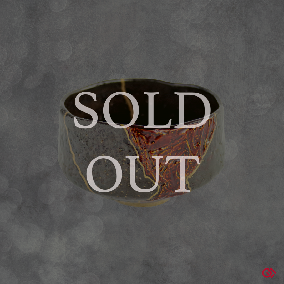 Unique Kintsugi Matcha bowl, Raku Black, w/Red Decoration