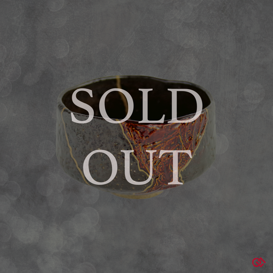 Unique Kintsugi Matcha bowl, Raku Black, w/Red Decoration