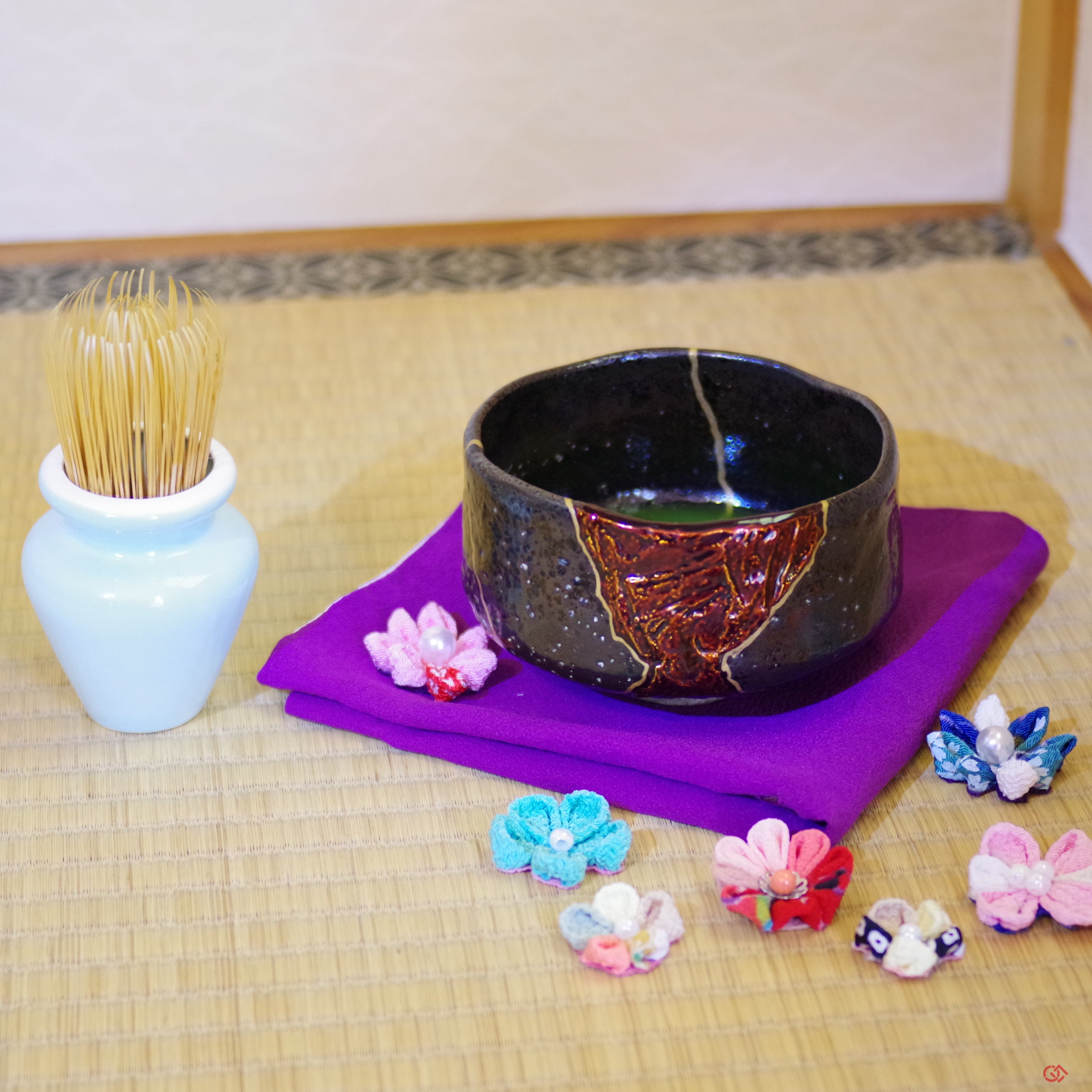 Unique Kintsugi Matcha bowl, Raku Black, w/Red Decoration