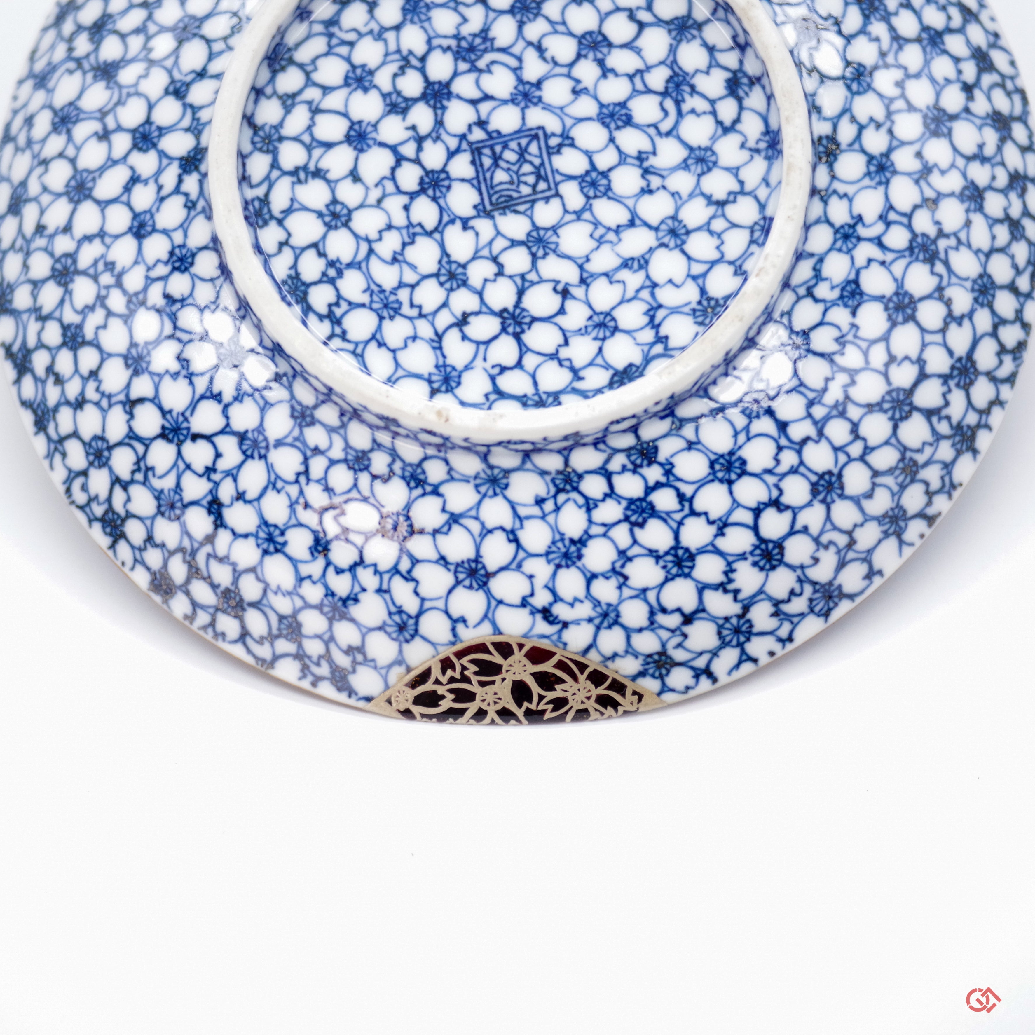 Unique Kintsugi Kyoto ware Cup & Saucer, Sometsuke Cherry Flower w/Maki-e Platinum