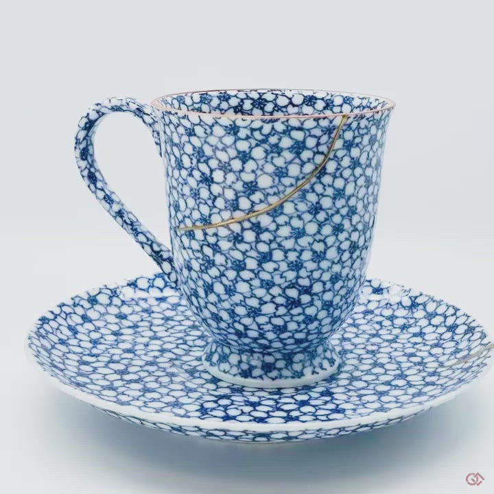 Authentic Kintsugi Kyoto ware Cup & Saucer Sometsuke Cherry Flower Gold