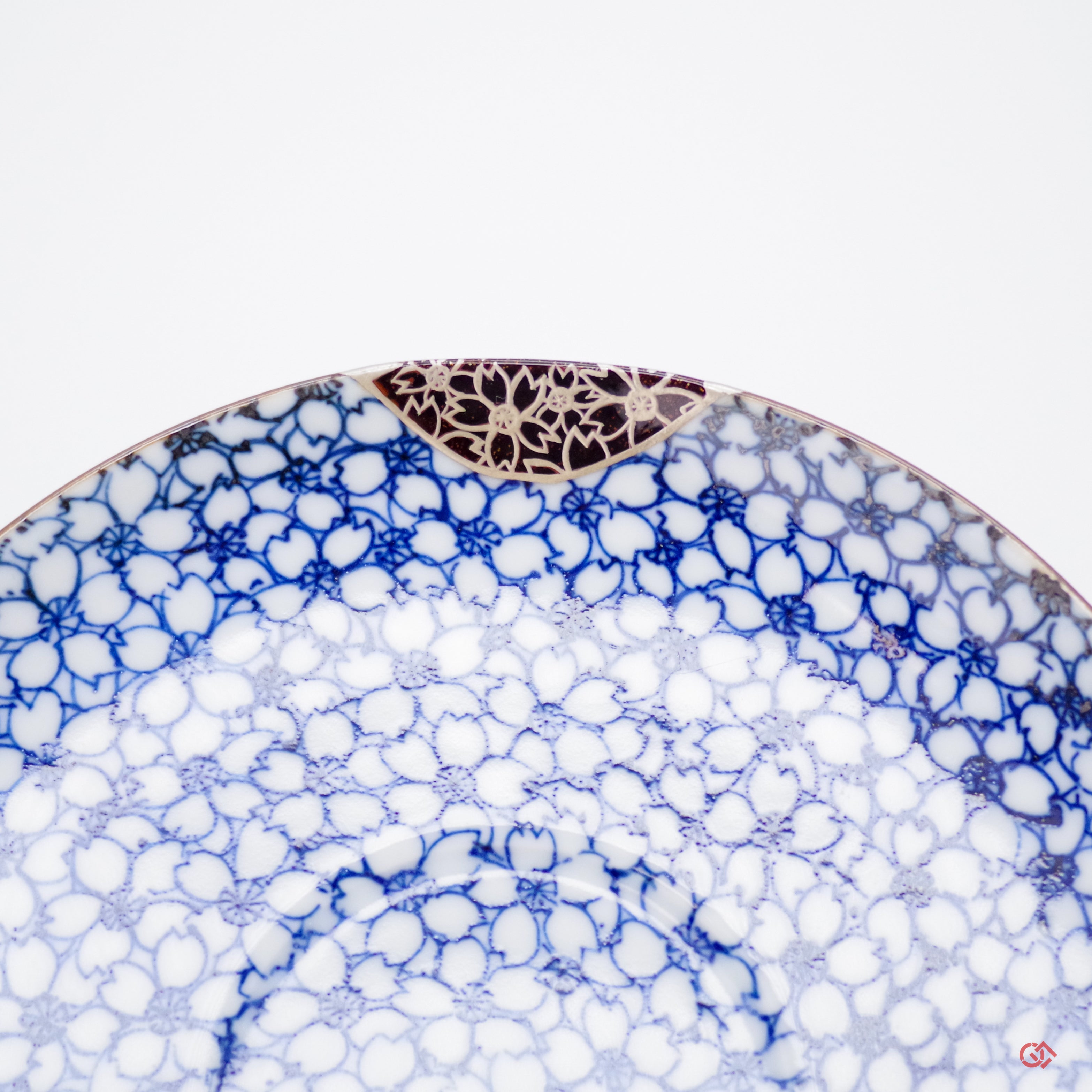 Unique Kintsugi Kyoto ware Cup & Saucer, Sometsuke Cherry Flower w/Maki-e Platinum