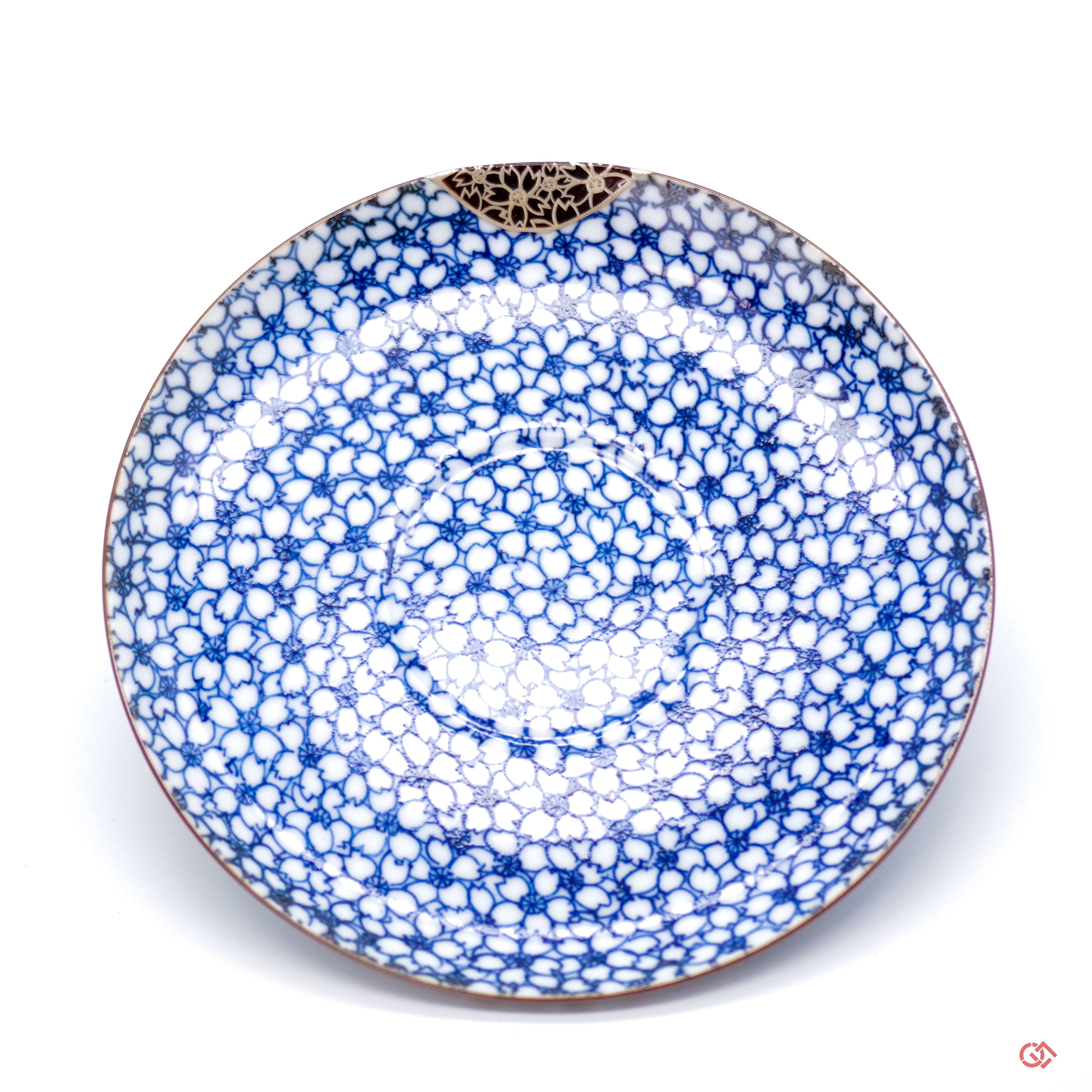 Unique Kintsugi Kyoto ware Cup & Saucer, Sometsuke Cherry Flower w/Maki-e Platinum