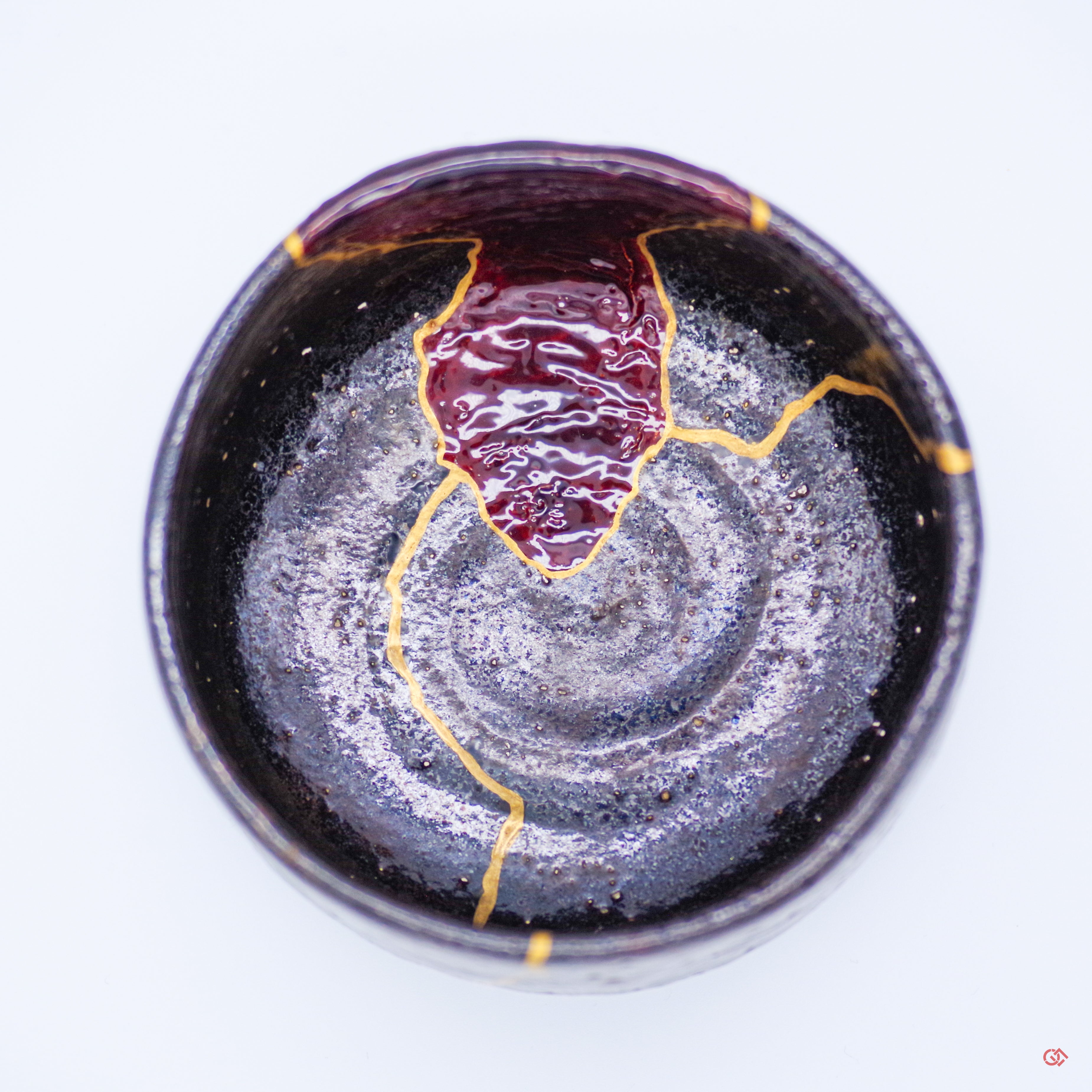 Unique Kintsugi Matcha bowl, Raku Black, w/Red Decoration