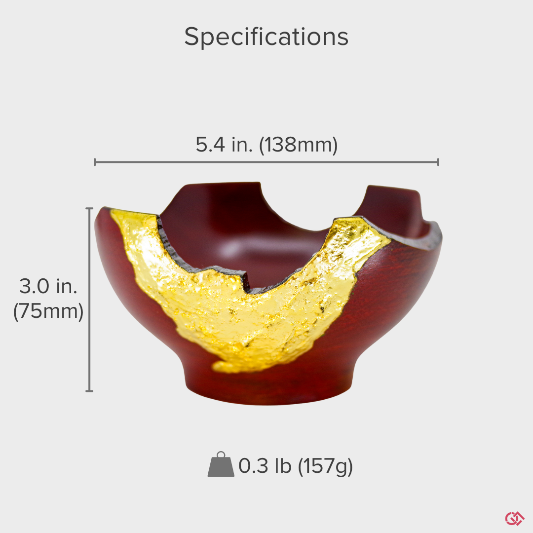 Authentic Kintsugi pottery with diameter and height description.