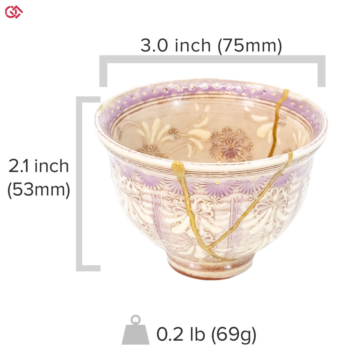 Photo of an authentic Kintsugi pottery piece with a text overlay indicating the size of the piece