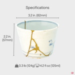 A precise technical diagram of the Kintsugi cup, with clear annotations for its exact height, diameter, and weight. This guide provides an accurate understanding of the vessel's scale for a confident purchase.