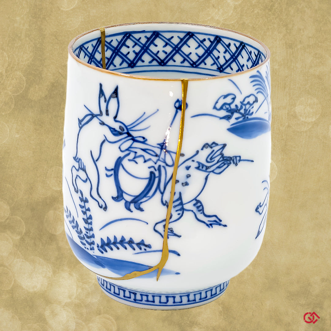 Full-color image of an authentic Kintsugi pottery, showing its intricate repairs and unique design