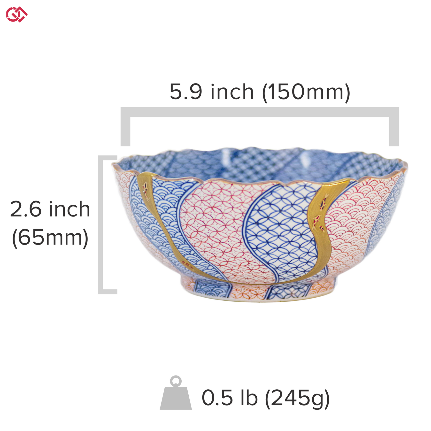 Authentic Kintsugi pottery with sizes indicated
