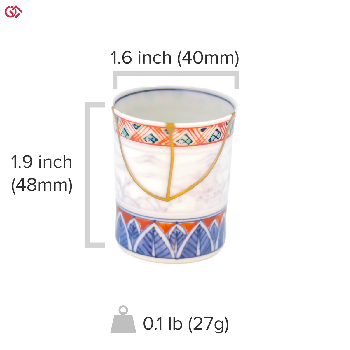Authentic Kintsugi pottery with sizes indicated