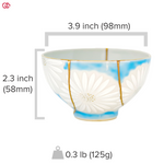Authentic Kintsugi pottery with sizes indicated