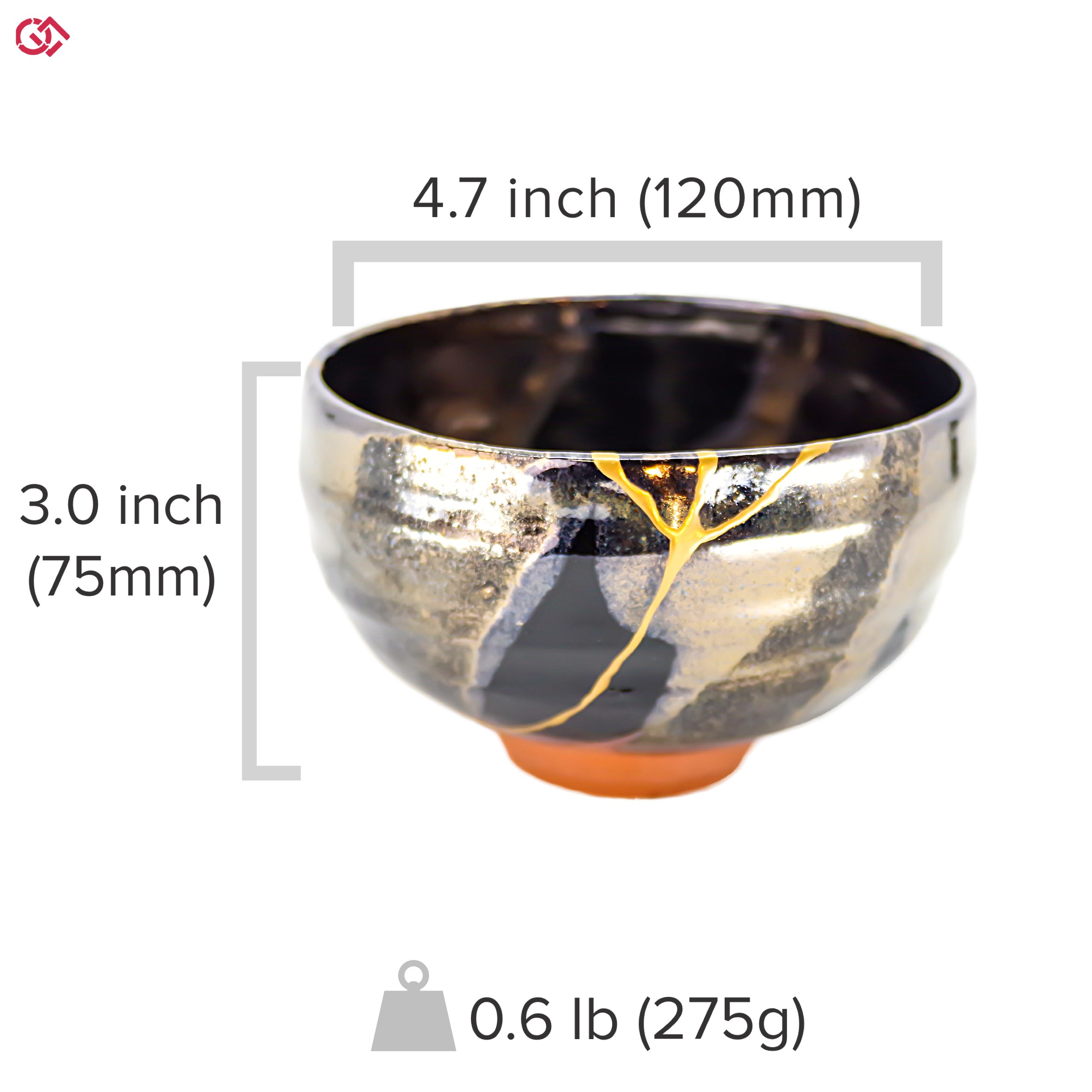 Authentic Kintsugi pottery with sizes indicated