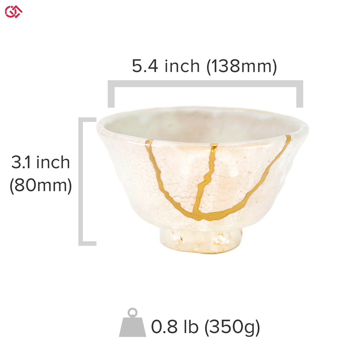 Authentic Kintsugi pottery with sizes indicated