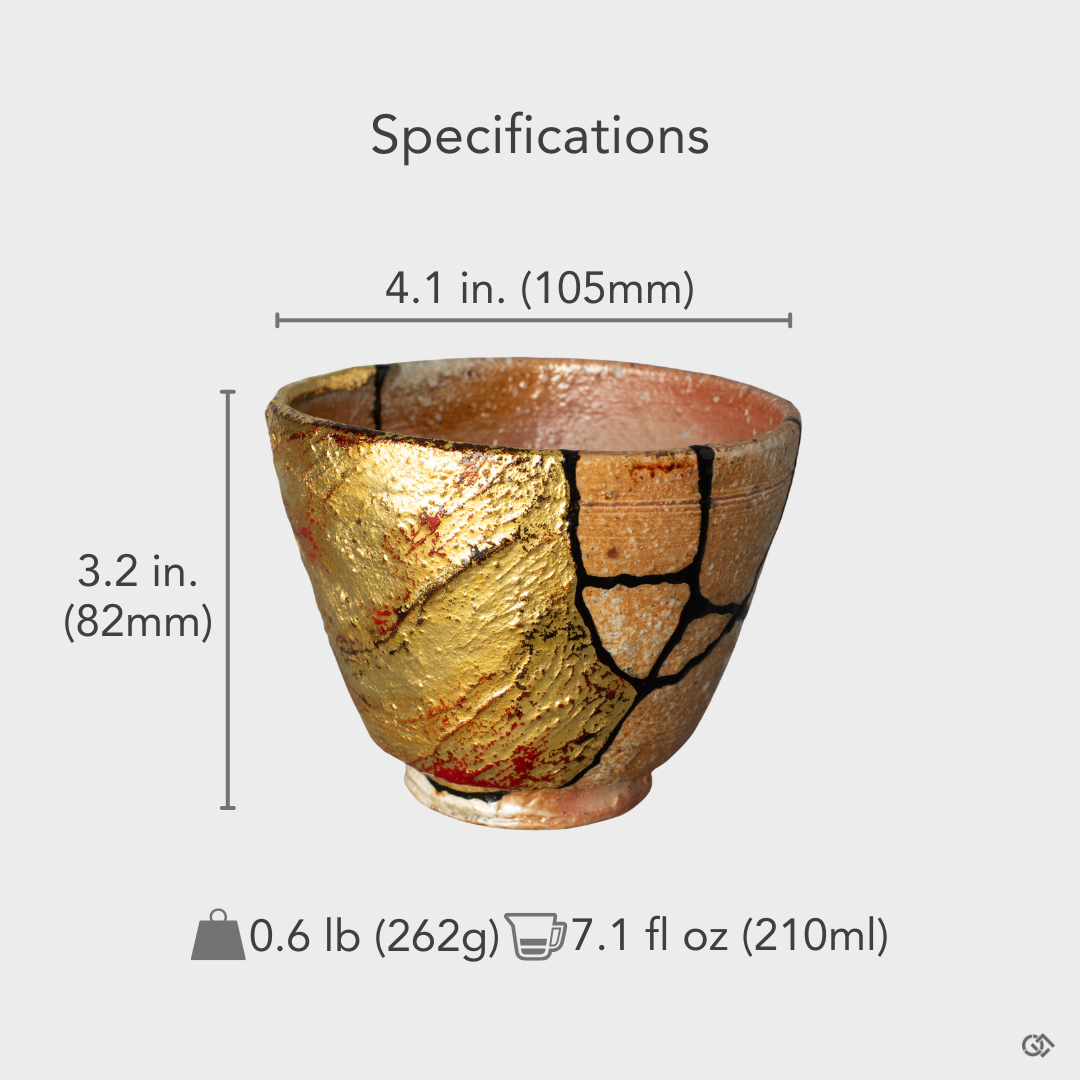 A size-reference view of the Shigaraki kintsugi cup, its humble and balanced proportions a physical representation of philosophy in form.