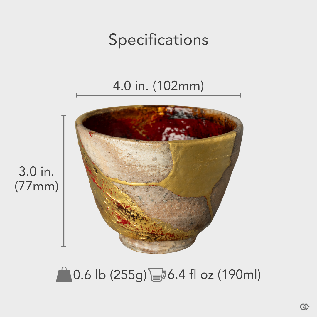 A size-reference view of the Shigaraki kintsugi cup, its humble and balanced proportions a physical representation of philosophy in form.