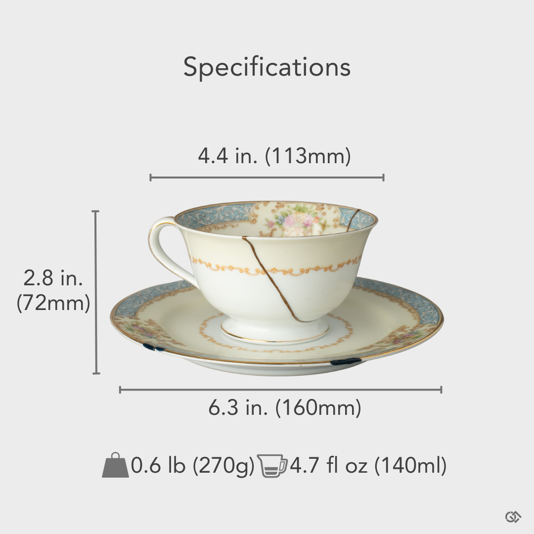 A size-reference image of the Old Noritake cup and saucer kintsugi set, its classic and balanced proportions a physical philosophy in form.