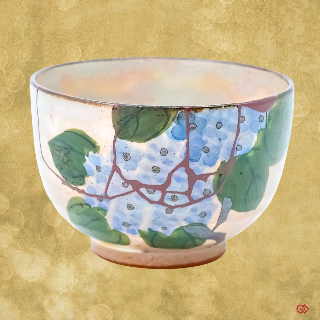 Authentic Japanese Kintsugi: Broken pottery restored with colored urushi lacquer, embodying Wabi-Sabi philosophy.