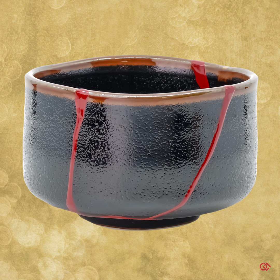 Full-color image of an authentic Kintsugi pottery, showing its intricate repairs and unique design, made in Japan.