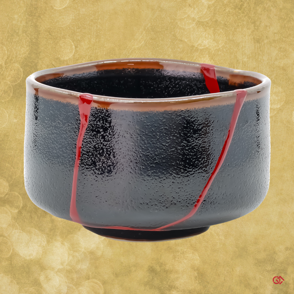 Full-color image of an authentic Kintsugi pottery, showing its intricate repairs and unique design, made in Japan.