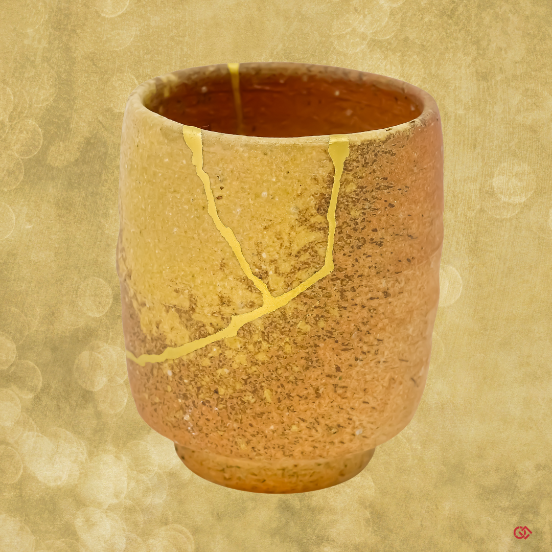 Authentic Japanese Kintsugi: Broken pottery restored with gold, embodying Wabi-Sabi philosophy.