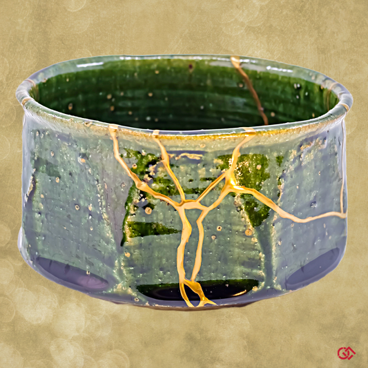 Handcrafted Kintsugi pottery, embracing imperfection with golden beauty. Celebrate Wabi-sabi aesthetics with this unique Japanese ceramic.