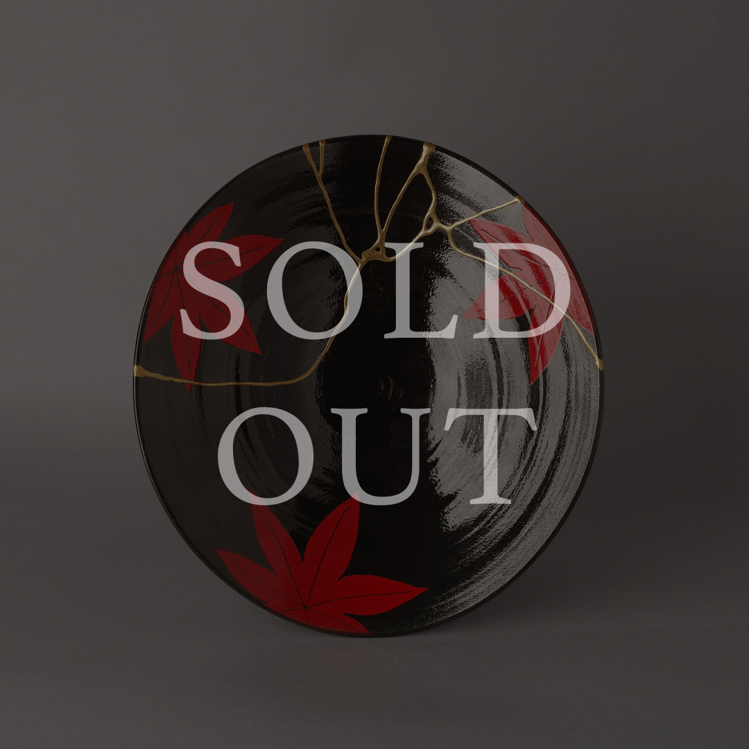 Authentic Japanese Kintsugi arita ware bowl with mimiji pattern, master hand-repaired with urushi and 24K gold, marked Sold Out.