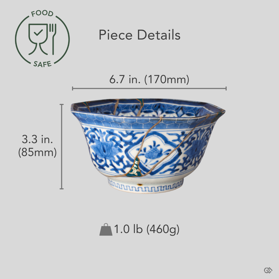 Size-reference image of the octagonal blue-and-white Ko-Imari kintsugi bowl, showing its overall proportions with green urushi, raden and 24K gold restoration on the faceted body.