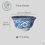 Size-reference image of the octagonal blue-and-white Ko-Imari kintsugi bowl, showing its overall proportions with green urushi, raden and 24K gold restoration on the faceted body.