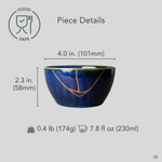 Size reference for a Japanese kintsugi bowl in Mino ware: 101 mm wide, 58 mm tall, 174 g, 230 ml, restored with natural urushi and 24K gold.