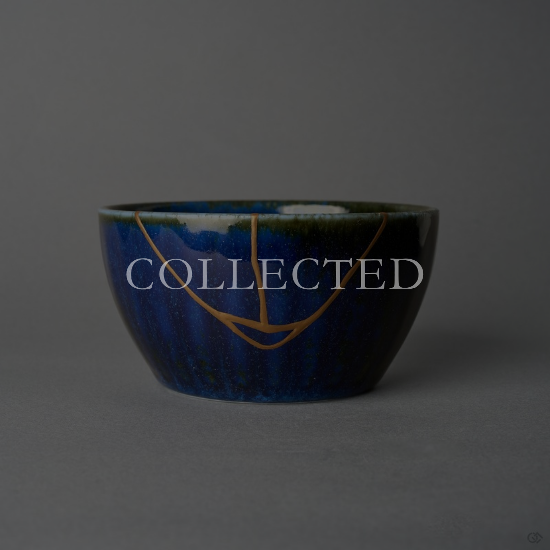 Mino ware bowl restored by kintsugi with urushi and 24K gold, starry night-blue kamahen glaze and green rim, shown with the collected badge. Collected.