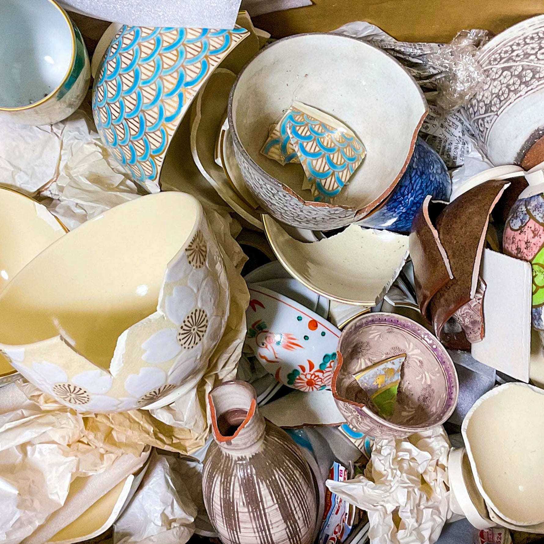 Broken Japanese ceramic vessels collected from across Japan, awaiting kintsugi restoration — ethically sourced by The Kintsugi Labo JAPAN