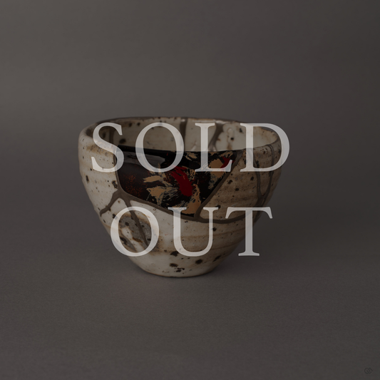 Sold out: Pure silver kintsugi Shigaraki earthenware cup with urushi-e lacquer painting, food-safe, restored by master artisan
