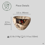 Kintsugi Shigaraki cup with diameter, height, and weight measurements overlaid on the front view, pure silver seams and urushi-e panel visible across the earthy white surface.