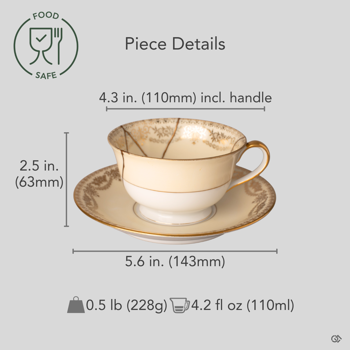 Scale reference shows this Noritake kintsugi set's delicate proportions, sized for mindful afternoons.