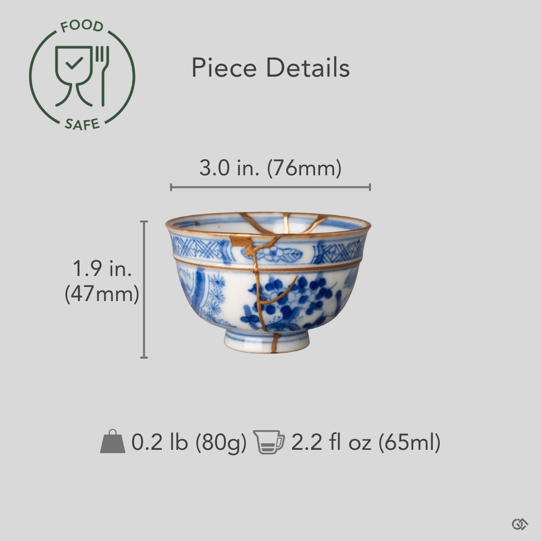 Kintsugi Ko-Imari cup with diameter, height, and weight measurements overlaid on the front view, gold seams visible across sometsuke blue.