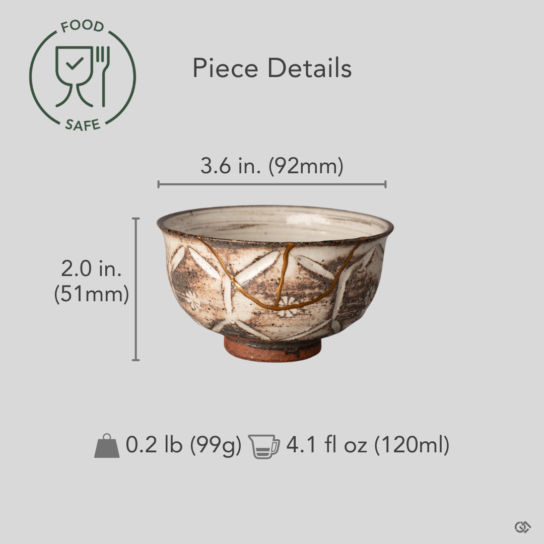Kintsugi Kyoto cup with diameter, height, and weight measurements overlaid on front view, gold seams visible over carved mishima.