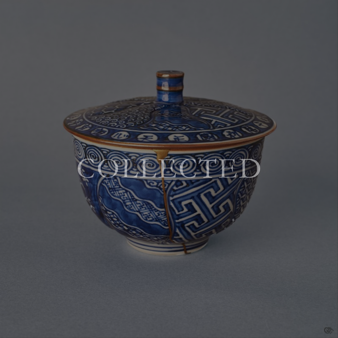 Kyoto ware porcelain cup in sometsuke cobalt blue with Uzu-komon swirls, a single continuous kintsugi seam in 24K gold from rim to foot, lidded form with gold-banded rim. Collected.