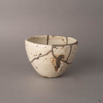 Shigaraki kintsugi cup from the side showing silver restoration lines on speckled earthenware, rustic simplicity.