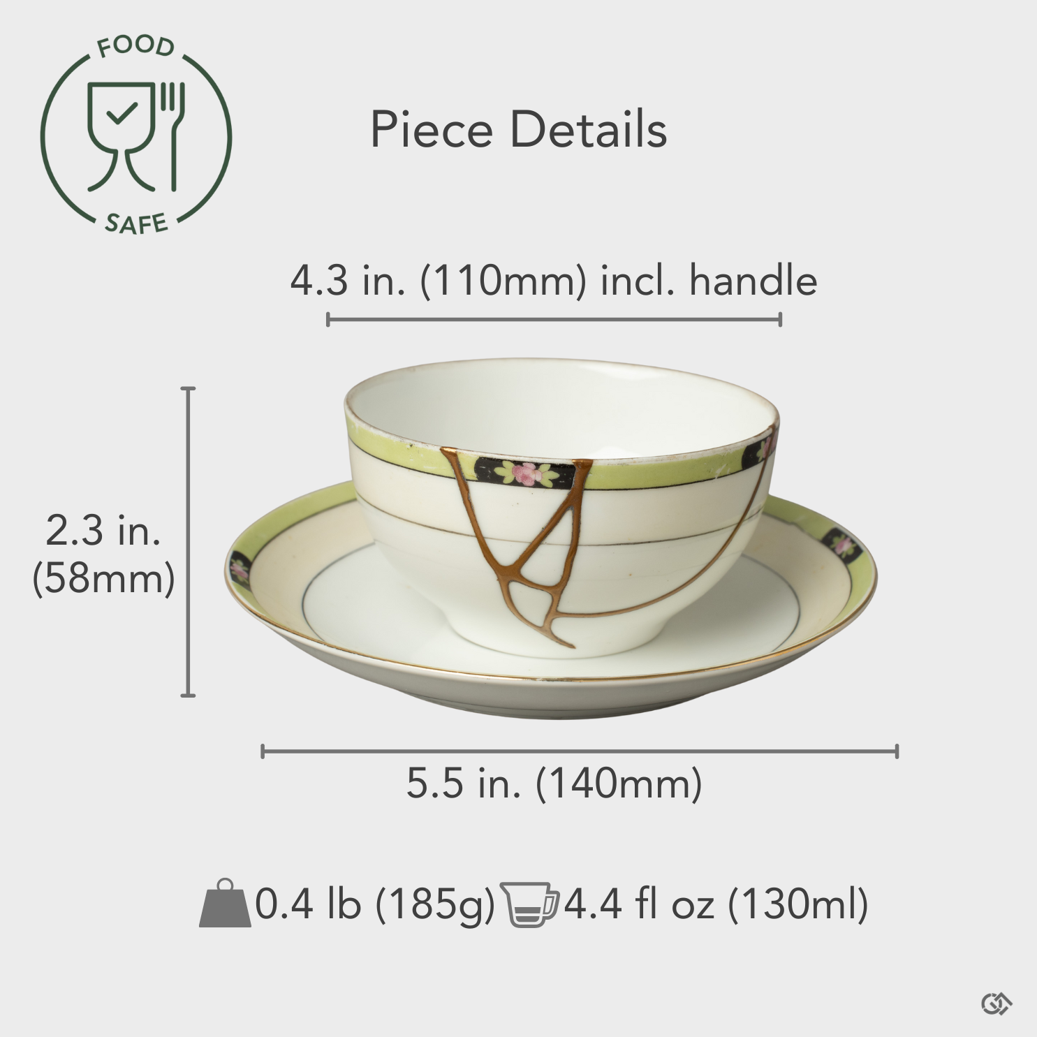 Size overlay image of Noritake kintsugi set—functional art made safe for food, uniting form and intentional living.