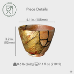 Food-safe Shigaraki ware Kintsugi cup in mixed-media finish, shown with size overlay—its balanced form embodying wabi-sabi elegance and refined Japanese craftsmanship.