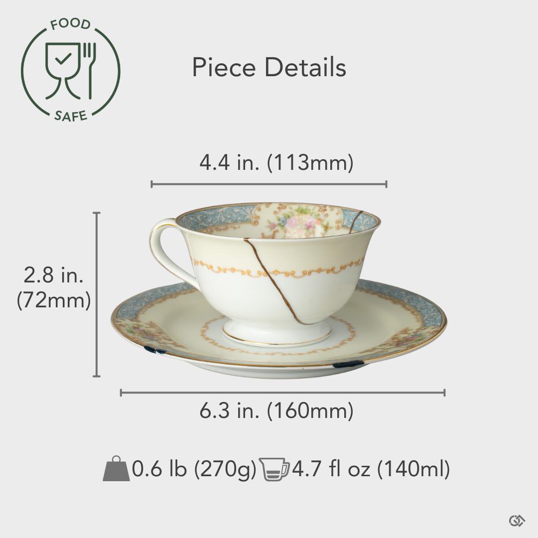 Food-safe early Noritake Kintsugi cup and saucer restored with 24K gold, shown with size overlay—an authentic set reflecting timeless balance and refined Japanese artistry.