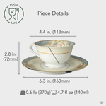 Food-safe early Noritake Kintsugi cup and saucer restored with 24K gold, shown with size overlay—an authentic set reflecting timeless balance and refined Japanese artistry.