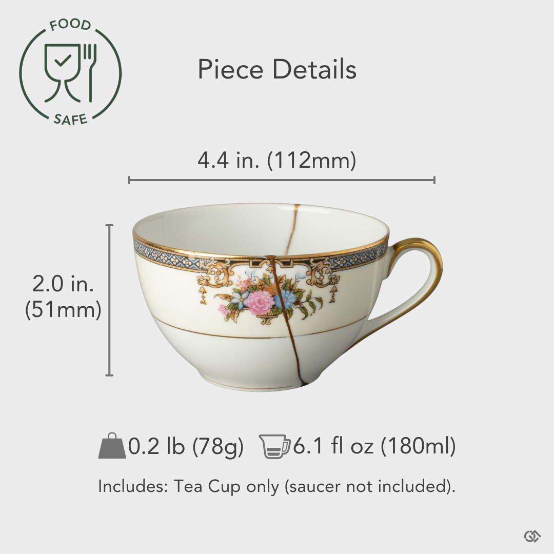 Food-safe early Noritake Kintsugi tea cup finished with 24K gold seams, shown with size overlay—an authentic, one-of-a-kind piece reflecting refined Japanese artistry.