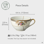 Food-safe early Noritake Kintsugi tea cup finished with 24K gold seams, shown with size overlay—an authentic, one-of-a-kind piece reflecting refined Japanese artistry.