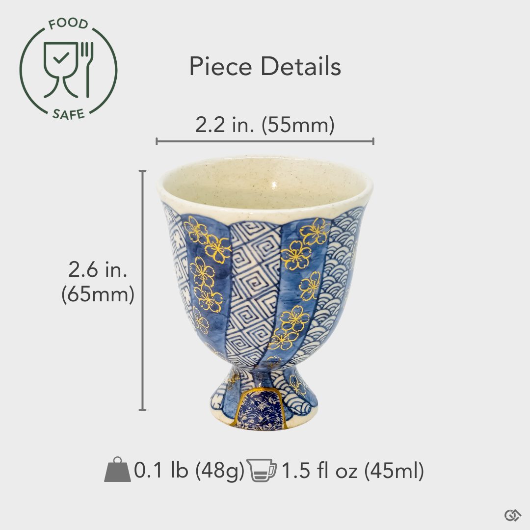 Food-safe Kyoto ware Kintsugi cup with precise annotations of height, diameter, and weight—offering collectors clarity on scale, craftsmanship, and elegant proportion.