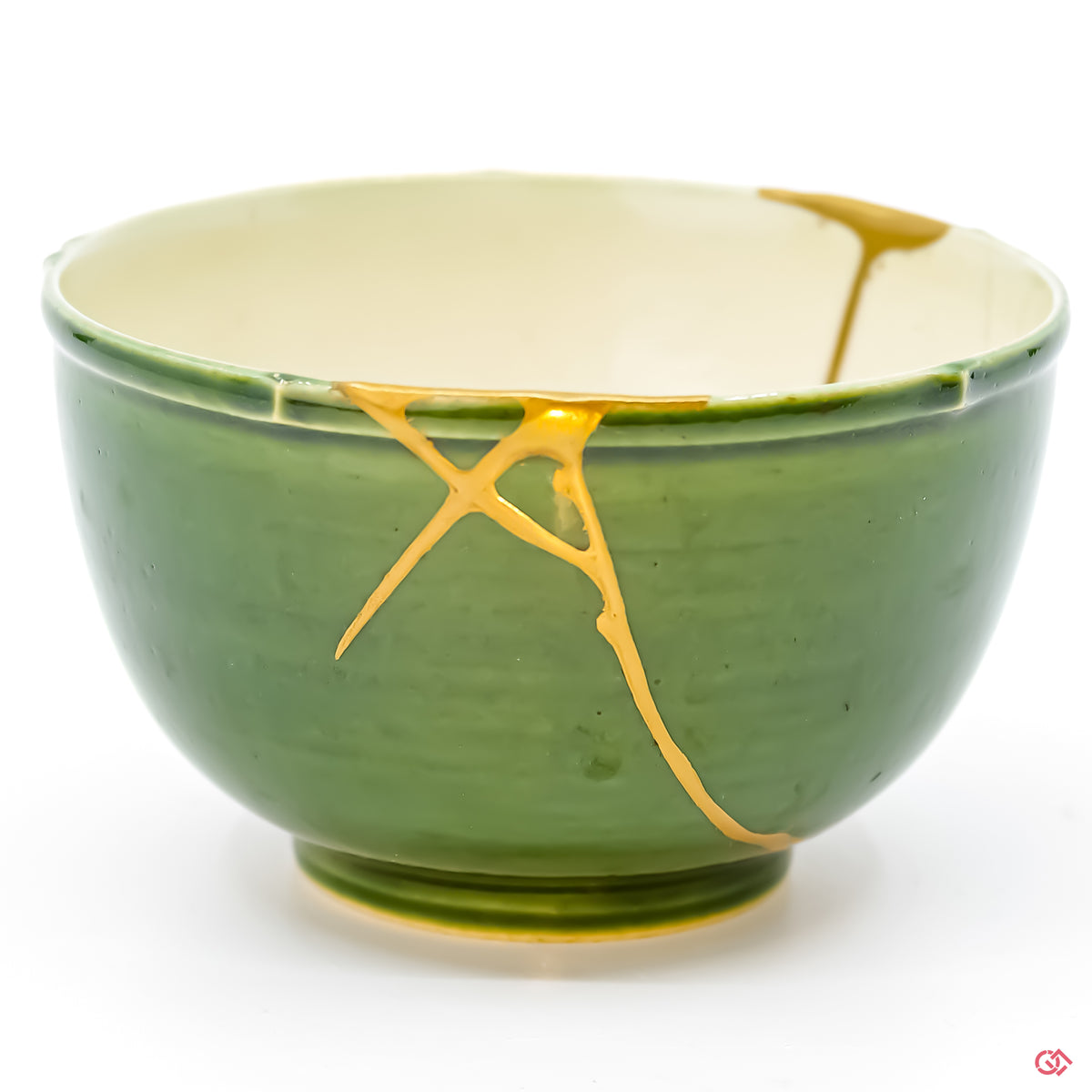 Close-up photo of an authentic Kintsugi pottery, showing the detail of its repairs and craftsmanship.