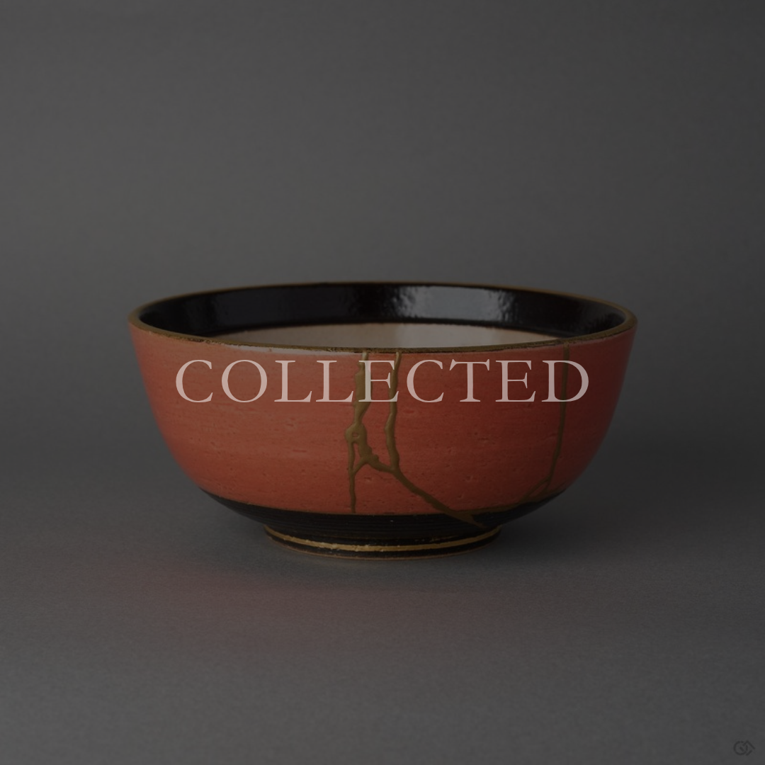 Kintsugi Arita ware bowl in vermilion glaze, rejoined with natural urushi, two 24K gold seams on the outer wall, front view. Collected.