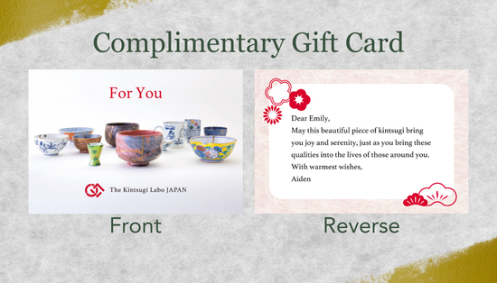 A luxury Kintsugi gift card designed for art lovers. The collage shows the card's front with exquisite Japanese ceramics repaired with gold, and the back with an elegant, Japanese-inspired message space. A perfect, meaningful gift celebrating resilience and wabi-sabi aesthetics.